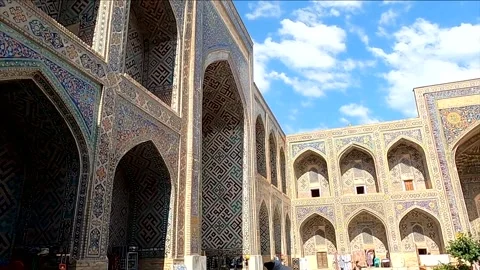 Pan right of the inner courtyard at Ulugh Beg Madrasa in Samarkand Stock Footage 336984131