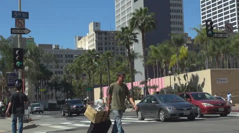 Pan right of a intersection downtown Los Angeles by day, LA, California, USA Stock Footage 24631390