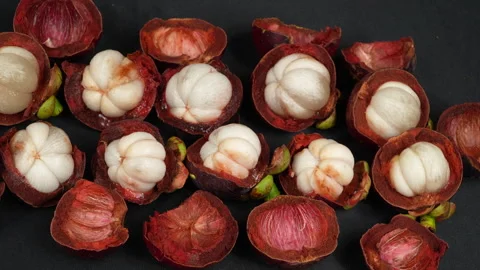 Pan Right To Left Abundance Pattern Of Opened Mangosteen Fruits 動画素材 336229104