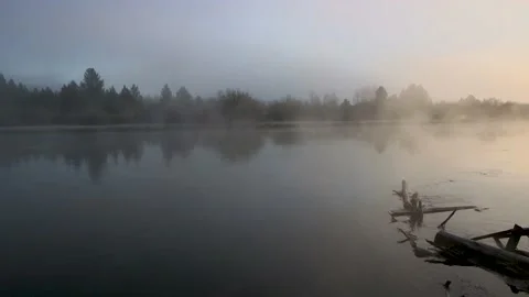 Pan from Right to Left of Deschutes River on a Foggy Morning at Sunrise Stock Footage 155868043