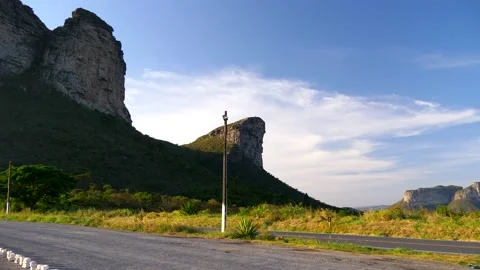 Pan right from Morro do Pai Inacio to Canyons and road Stock Footage 154114605