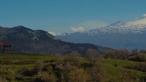 Pan right over Snowy Mount Etna Stock Footage 88495509