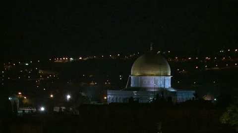 Pan Right Pass Jerusalem Night Lights Towards Lite Golden Dome Of The Rock Stock Footage 238663382