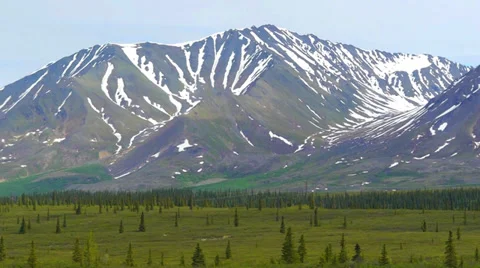 Pan Right Snow Capped Mountain Range with Green Field 2 Stock Footage 37404908