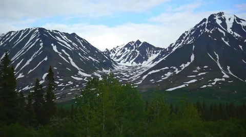 Pan Right Snow Capped Mountain Range with Evergreen Trees Stock Footage 37436276