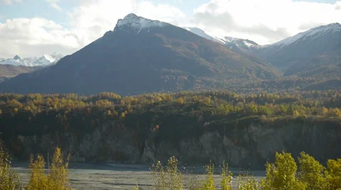 Pan Right Snow-Capped Mountains Fall Colors Foreground Stock Footage 38086367
