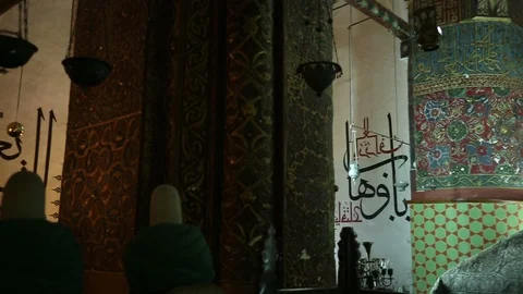 Pan right to the tomb of Rumi inside the Mevlana Museum, Konya, Turkey Stock Footage 119906803