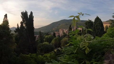 Pan Right View Over Lush Gardens Toward Historic Town of Tivoli, Rome, Italy Stockbeeldmateriaal 335163109