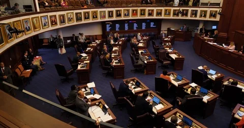 Pan right wide shot Florida Senate Chamber, 2019 Florida legislative session Stock Footage 107501009