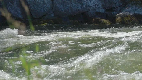 Pan on a river rapid with nice foreground Stock Footage 88343213