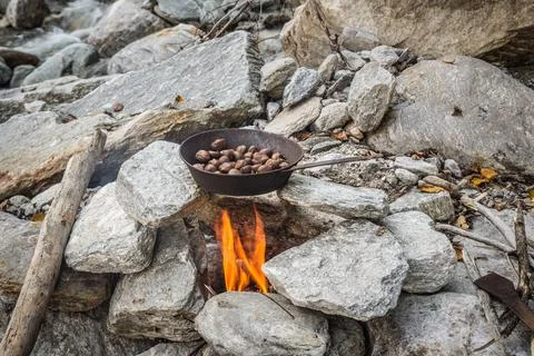 Pan with roasted chestnuts on open fire, outdoors Foto stock