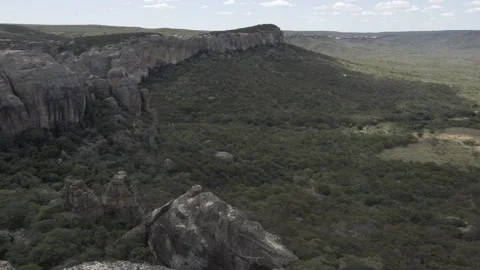 Pan of the Rock Cliffs and Caatinga Vegetation in Serra da Capivara, Piauí Stockbeeldmateriaal 321904440