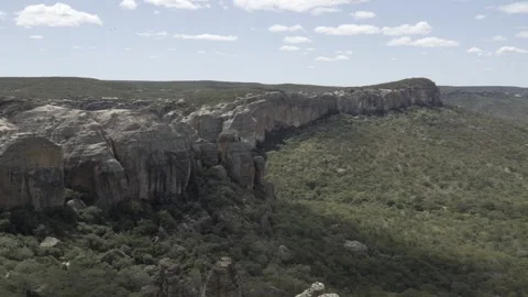 Pan of the Rock Cliffs and Caatinga Vegetation in Serra da Capivara, Piauí Stock Footage 321904475
