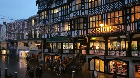 Pan of the rows shops at christmas, bridge street, chester 스톡 동영상 33605726