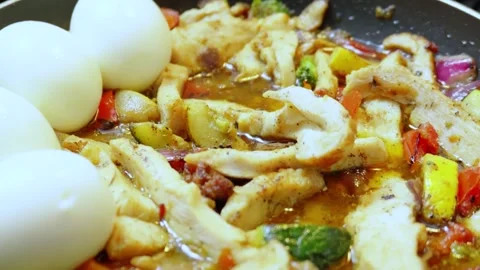 Pan seared chicken with vegetables and boiled eggs Stockbeeldmateriaal 331783309