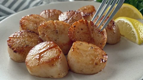 Pan Seared Scallops with Lemon Stock Footage 107687464