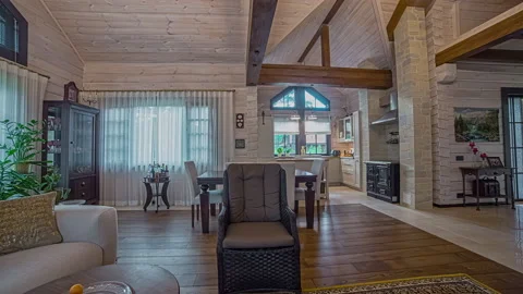 Pan shot of across sofa set, dinning table and modern kitchen in a wooden Stock Footage 199377374