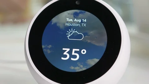 Pan Shot Amazon Echo Spot Being Used While Washing Dishes to Show Weather For Stock Footage 94031354
