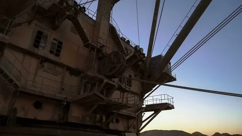 PAN shot of base and cabin of dragline Super heavy excavator standing on the Stock Footage 75529848