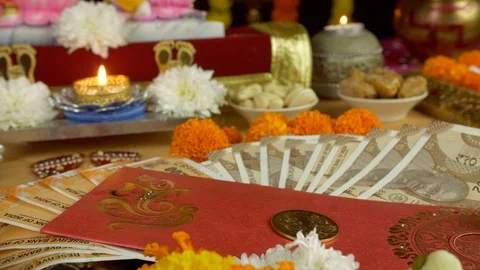Pan shot of a beautiful platform with various Diwali items decorated Stock-Footage 116247613