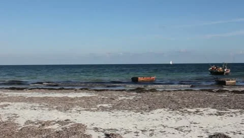 Pan Shot of Dhingies in Indian Ocean Beach  (HD) Stock Footage 9867741