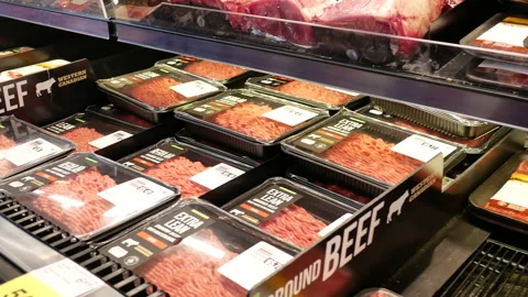 Pan shot of display fresh beef product for sale inside supermarket Video stock 91721148