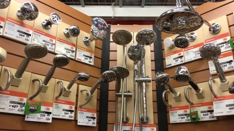 Pan shot of display shower head at Home Depot store with 4k resolution Stock Footage 159478061