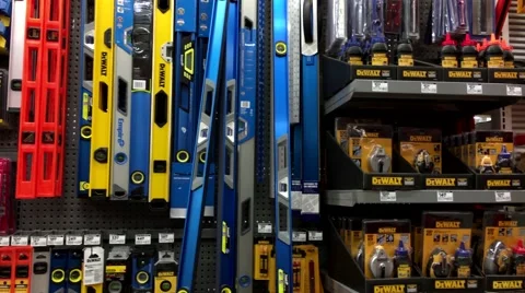 Pan shot of display tools inside Home Depot store Stock Footage 59788535
