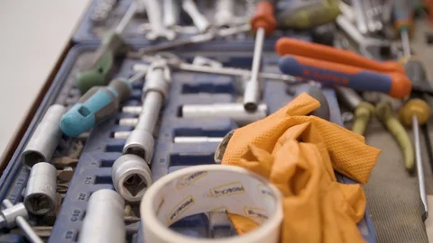 Pan Shot Of A Garage Toolbox With Multiple Tools Stock Footage 127036171
