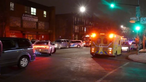 Pan shot of hostage scene aftermath with investigators and command center - Stock Footage 104023388