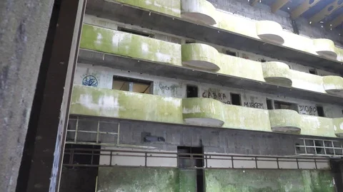 Pan Shot Of Inside An Old Flooded Abandonded Hotel Building Stock Footage 89388184