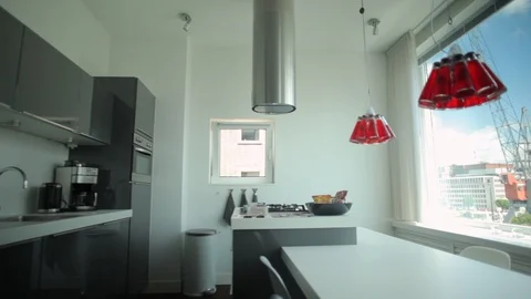 Pan Shot From Kitchen Towards Window Looking At Rotterdam Stock Footage 126700685