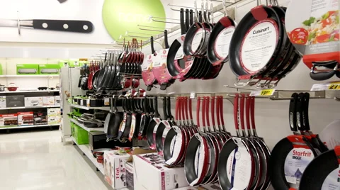 Pan shot of kitchenware product corridor in Superstore with 4k resolution Video stock 68892408