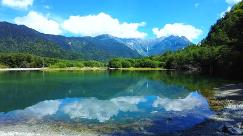Pan shot of landscape of Taisho Pond at Kamikochi in Nagano, Japan. 4K Stock Footage 261352753