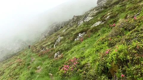 Pan shot of mountain landscape enveloped by clouds Stock Footage 97823687