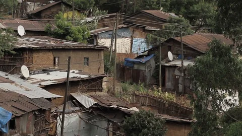Pan shot of old mud homes. Stock Footage 97106149
