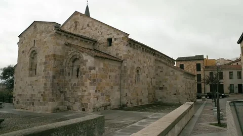 Pan shot over a small Romanesque church in Zamora, Spain Stock Footage 73723147