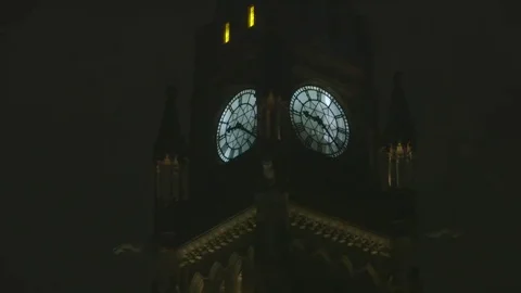 Pan shot to the right of a clock tower in the dark. Видео 69143022