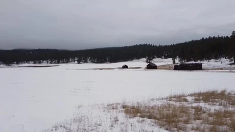 Pan shot right to left across snow covered field with trees and fog shrouded Stock Footage 125278072