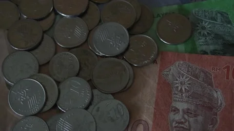 Pan Shot of Ringgit Malaysia Banknotes and Coins. Finance Concept. Stock Footage 260153980