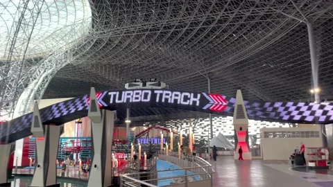 A Pan Shot of Roller Coaster inside the Ferrari World at Abu Dhabi,UAE Stock Footage 238449461