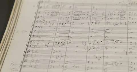 Pan Shot of Sheet Music/Notes Printed on Paper  Stock Footage 129882719