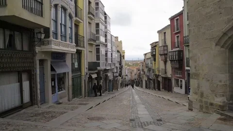 Pan shot on the slope of Balborraz, a central street of Zamora, Spain Stock Footage 73723154