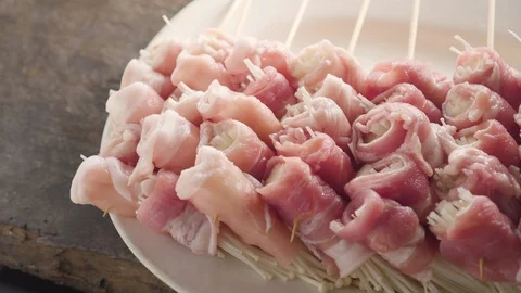 Pan shot of special barbeque with pork and mushroom. easy cooking. homemade. 4K. Stock Footage 116029356