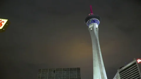 Pan shot of statosphere tower vegas at night Stock Footage 83462120