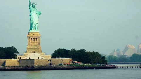 Pan Shot From Statue of Liberty Across Liberty Island Harbor Stock Footage 322071925