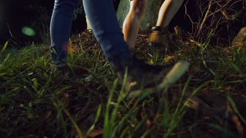 Pan shot of two people walking through forest at night Vidéo 100344435