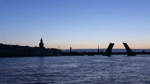 PAN: Silhouette leaf bridge in White nights, St. Petersburg, Russia Stock Footage 11187945