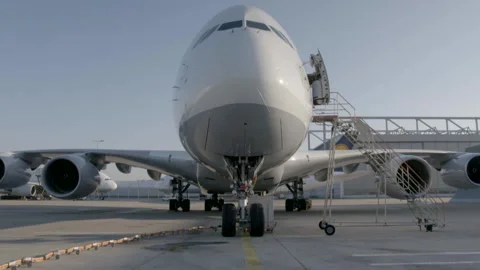 Pan from sky to front view airplane Stock Footage 248034572
