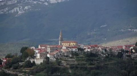 Pan on a small town on the top of the hill Stock Footage 48000475